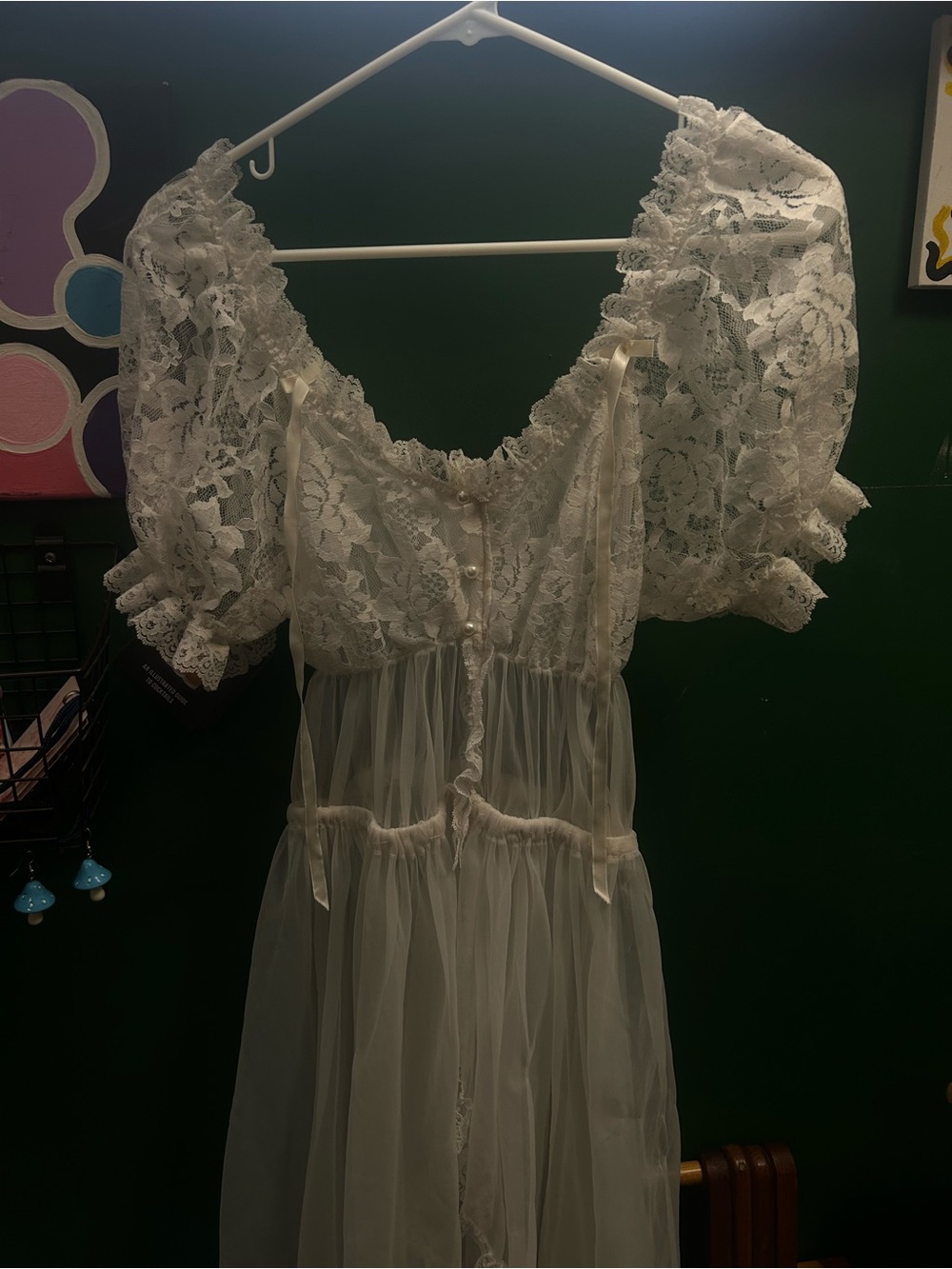 Sheer Lace Puff-Sleeve White Nightgown